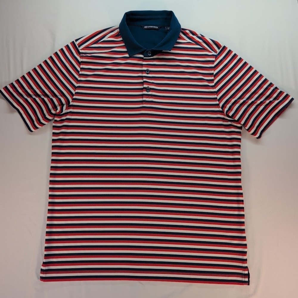 Cutter & Buck Mens Large Golf Polo Shirt Red White Blue Striped 4th of July